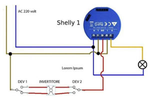 Disabili DOC – Shelly 1, l'immagina mostra come lo si può integrare in un circuito gestito da deviatori