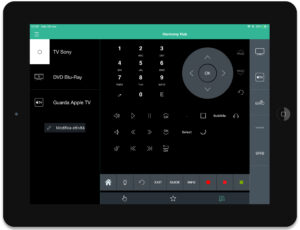 Disabili DOC – “Speciale Logitech Harmony Elite” – Su iPad la App Harmony, in attività i comandi del dispositivo alcuni dei quali richiamabili tramite slider (barra grigia orizzontale)