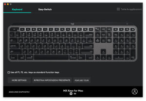 Disabili DOC – “Speciale Logitech MX Keys” – App Logi Options – L'immagine mostra la schermata di Logi Options dalla quale potrete partire per personalizzare quei tasti messi in evidenza e scegliere se usare F1, F2 etc. come tasti funzione standard oppure come tasti pre-programmati o, ancora, come voi li avrete riprogrammati