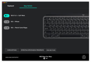 Disabili DOC – “Speciale Logitech MX Keys” – App Logi Options – L'immagine mostra la schermata di Logi Options che elenca quali computer o device sono stati associati alla tastiera, al canale n. 1 era associato un MacBook Pro tramite ricevitore USB denominato anche Unifying