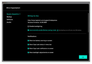 Disabili DOC – “Speciale Logitech MX Keys” – App Logi Options – L'immagine mostra la schermata di Logi Options dedicata alle impostazioni