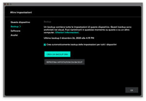 Disabili DOC – “Speciale Logitech MX Keys” – App Logi Options – L'immagine mostra la schermata di Logi Options dedicata al backup