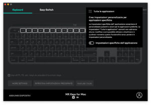 Disabili DOC – “Speciale Logitech MX Keys” – App Logi Options – L'immagine mostra la schermata di Logi Options preposta a specificare se le impostazioni dei tasti programmabili dovranno valere per tutte le applicazioni o per una in particolare