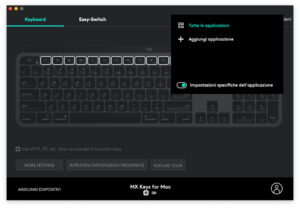 Disabili DOC – “Speciale Logitech MX Keys” – App Logi Options – L'immagine mostra la schermata di Logi Options che vi permetterà di selezionare un'applicazione specifica da correlare alla funzione di uno dei tasti programmabili