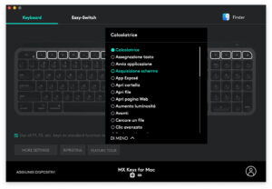 Disabili DOC – “Speciale Logitech MX Keys” – App Logi Options – L'immagine mostra la schermata di Logi Options che mostra le azioni disponibili per il Finder a associabili quindi ai tasti