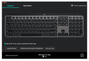 Disabili DOC – “Speciale Logitech MX Keys” – App Logi Options – L'immagine mostra la schermata principale di Logi Options che, in questo caso, mostra come i tasti F1, F2 etc. siano impostati per funzionare come semplici tasti funzione