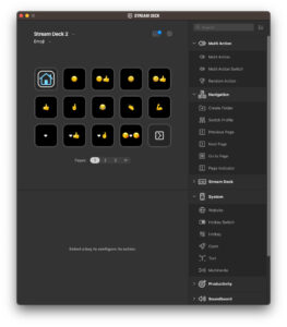 Disabili DOC – App Stream Deck, schermata del Profilo “Emoji”. Il profilo è composto da 3 pagine alle quali se ne possono aggiungere altre cliccando sul “+”