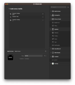 Disabili DOC – App Stream Deck, schermata “Multi Action: Netflix”. L'azione multipla genera: come 1ª azione una nuova finestra, come 2ª incolla nel campo URL l'indirizzo della pagina da raggiungere e, come 3ª azione, invia un Enter che metterà in attività il browser
